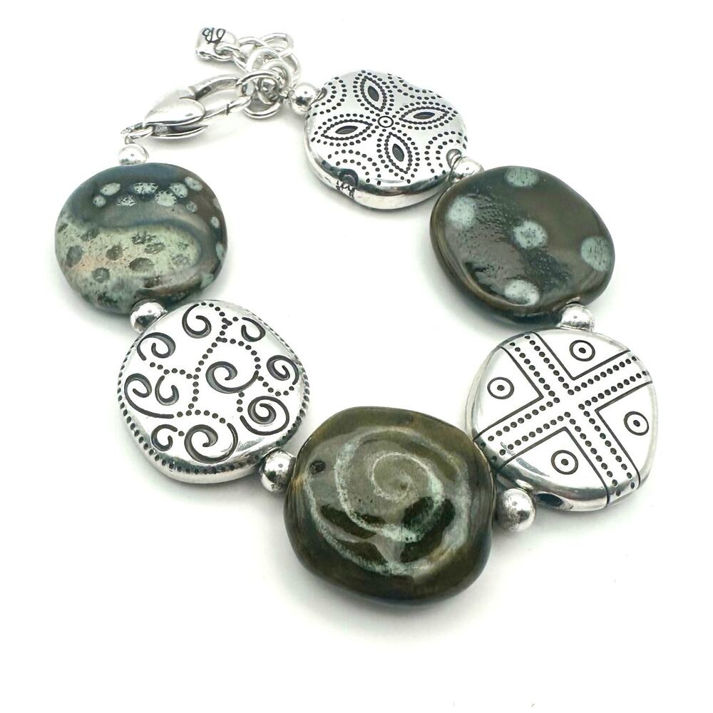 Brighton Kazuri Hand painted Clay Etched Beads Silver Plate Bracelet ~Kenya